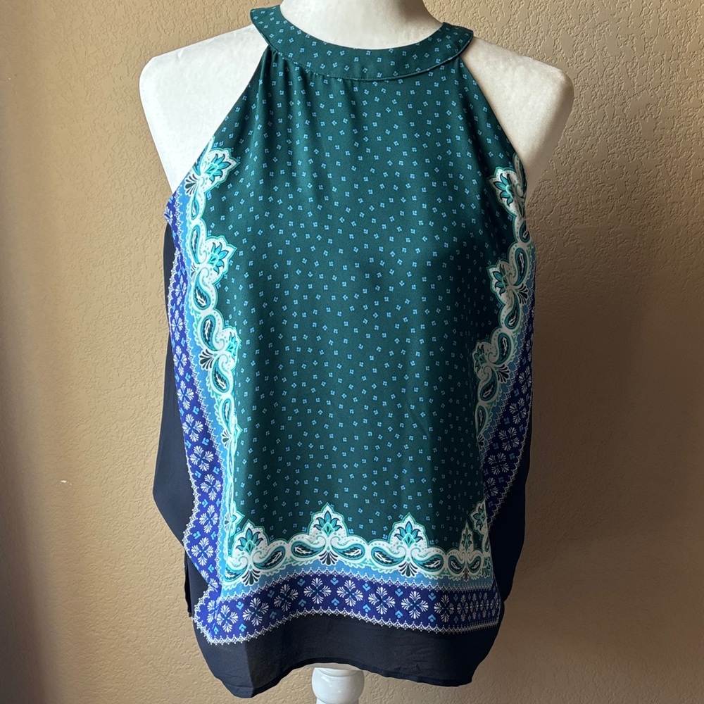 LOFT Teal Handkerchief Paisley Print Halter Top, Size Small